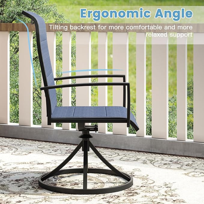 DIFY 7 Piece Outdoor Patio Dining Set for 6, 50" Black Round Metal Dining Table and Swivel Patio Chairs with Blue Padded Textilene, All-Weather Outdoor Furniture Set for Garden Backyard Porch