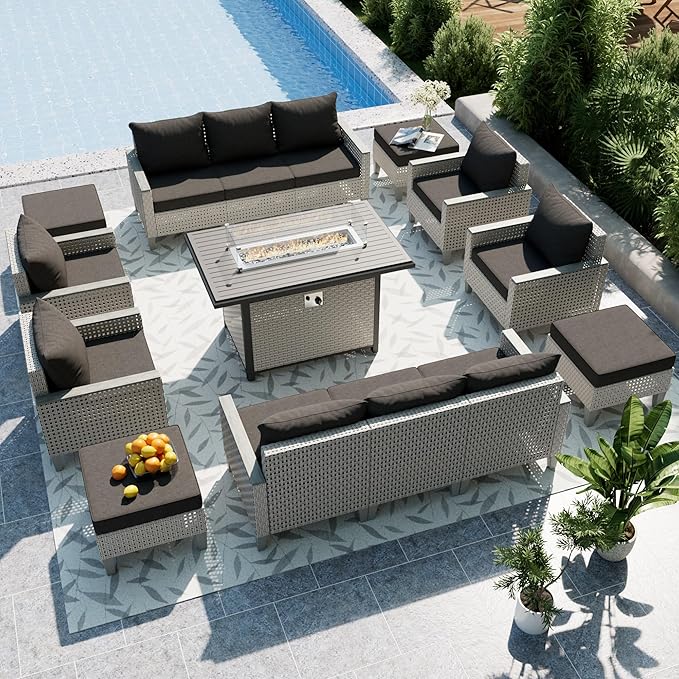 Outdoor Patio Furniture Set with Fire Pit Table 15-Piece Modular Wicker Sectional Sofa with Ottomans and Thick Cushions, Modern Rattan Outdoor Conversation Couch, Black