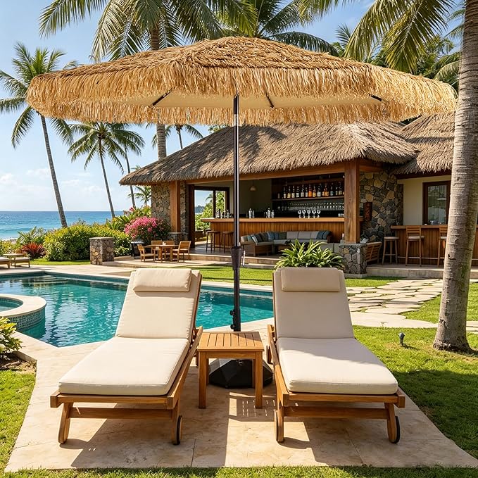 HOMSHADE 9ft Hula Thatched Hawaiian Style Tiki Umbrella with Crank & Tilt, UPF 50+ Nylon Thatch & 220GSM Polyester Canopy, 8 Heavy-Duty Steel Ribs for Outdoor, Patio, Beach, Pool, Backyard, Garden