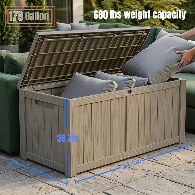 178 Gallon Large Resin Outdoor Storage Box, Waterproof Deck Box, Lockable Deck Container with Reinforced Support, Outdoor Chest for Patio Accessories, Outdoor Cushions, Garden Tools, Taupe Gray