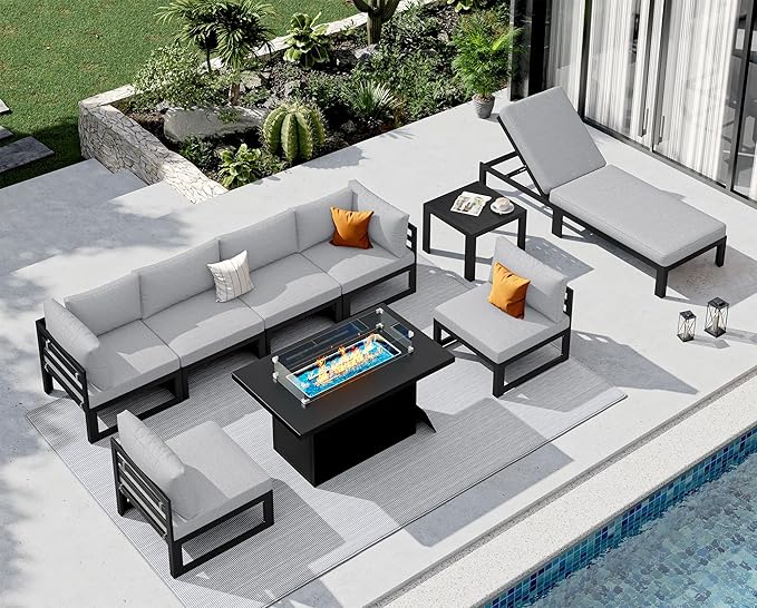 NICESOUL 9 Piece Large Modern Aluminum Outdoor Patio Furniture Set with Lounge & Fire Pit Table, 29" Wide Deep Seating, All Weather Sectional Sofa, 500 lbs Heavy Duty Deck Conversation Set, Light Gray