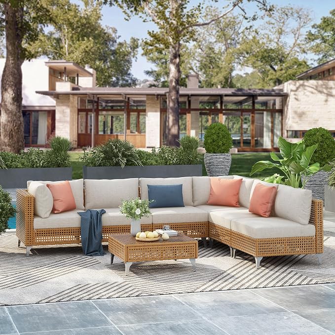 7-piece Wicker Patio Furniture Set, Outdoor Conversation Set Sectional Sofa with Water Resistant Beige Thick Cushions and Coffee Table for Outdoor Couch, Porch, Backyard - Beige