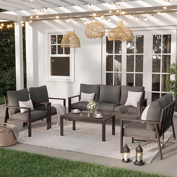 Aluminum Patio Conversation Set 5-Piece All-Weather Outdoor Sectional Sofa with 4" Cushions, Modular Patio Set for Porch Poolside Deck Yard