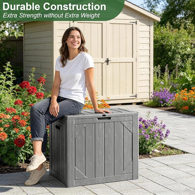 30 Gallon Outdoor Storage Box, Waterproof Resin Deck Box with Lockable Lid Large Storage Bin for Patio Furniture Cushion, Garden Tools, Pool Accessories, UV-Resistant Outside Delivery, Gray