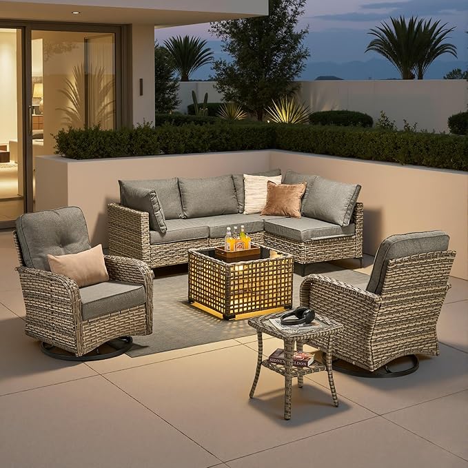 8 Pieces Outdoor Sectional Patio Furniture Set with Swivel Rocking Chairs,Conversation Sets Rattan Wicker L Shaped Couch,Modular Outdoor Sofa for Porch Balcony Backyard Dark Grey