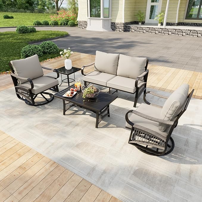 5 Pieces Patio Furniture Set, Metal Outdoor Conversation Sets with Swivel Chairs, Modern Couch Sofa Seating Group with Coffee Table and Side Table (Thick Beige Cushions)