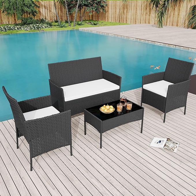 GarveeLife 4 Pieces Patio Furniture Set, Rattan Outdoor Furniture with Upholstered Sofa, 2 Chairs and Coffee Table, Conversation Bistro Set for Garden, Backyard, Porch, Black and Beige