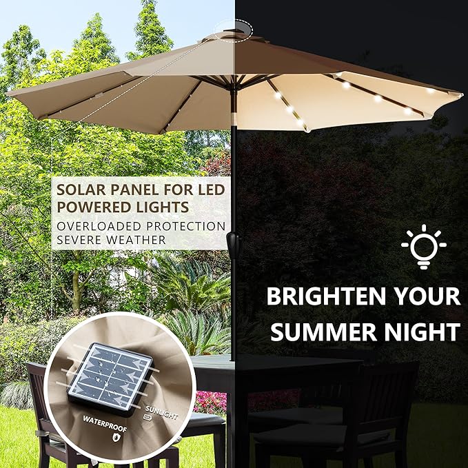 9' Round Patio Umbrella with 32 Solar Powered LED Lights, Push-Button Tilt and Hand Crank Lift, Solar Umbrella in Taupe for Porch, Deck, and Patio by Sun-Ray