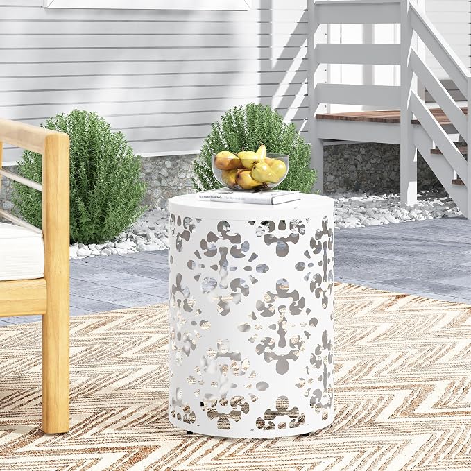 14" Cylindrical Side Table with Floral Iron Cut, Stylish End Table with Powder-Coated Iron, Practical Accent Table with No Assembly for Outdoor Patio Garden, White
