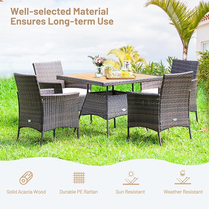 Tangkula 5 Pieces Wicker Patio Dining Set, Outdoor Acacia Wood Dining Furniture with 4 Armrest Chairs & 1 Dining Table, Rattan Conversation Set with Cushions & Umbrella Hole for Backyard Garden Porch