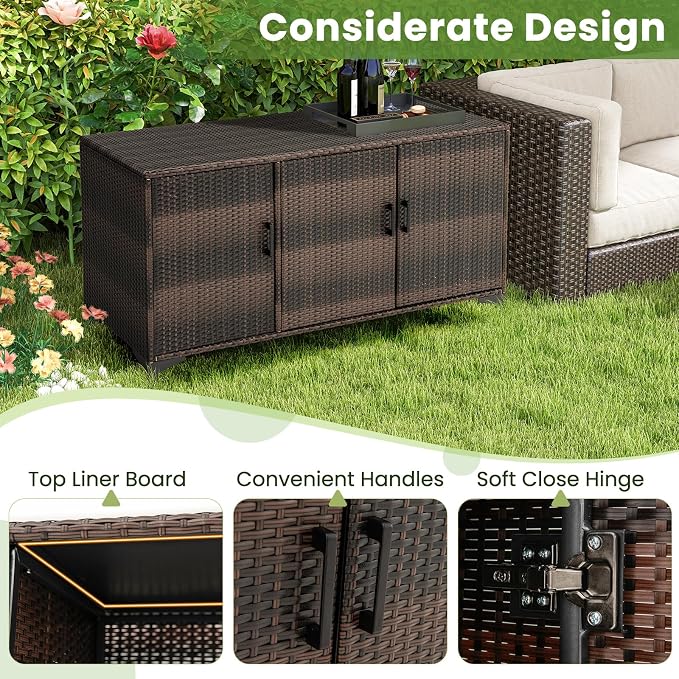 HAPPYGRILL Outdoor Rattan Wicker Deck Box Storage Cabinet, Patio Storage Container with 3 Doors and Removable Shelves, for Backyard Garden Poolside, 84 Gallon