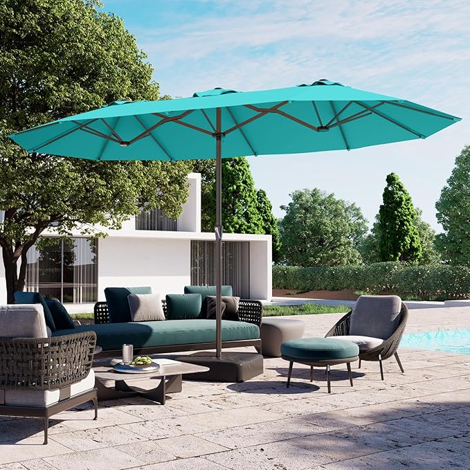 PatioKingdom 15FT Large Patio Umbrella with Base, Double Sided Rectangular Outdoor Umbrella with Sturdy Fiberglass Ribs, Market Umbrella for Pool,Garden,Backyard,Deck (Peacock Blue, 15FT)