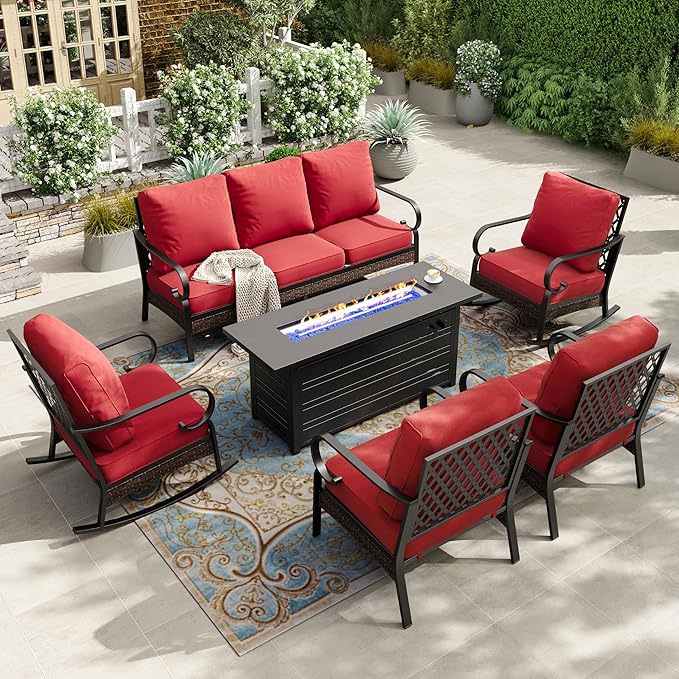 HERA'S HOUSE 6 Piece Metal Patio Furniture Set with 56" Fire Pit Table, All Weather Outdoor Conversation Set, 3 Seat Sofa, 2 Rocking Chairs, 2 Fixed Chairs, Seats 7 for Backyard, Garden, Deck, Red