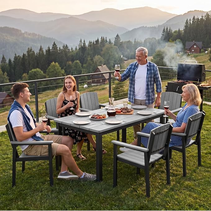 Outdoor Dining Sets Patio Table and Chairs Set 7-Piece, Aluminum Frame HDPS Faux Wood, All Weather Patio Dining Set with Umbrella Hole for Garden Backyard Poolside Grey