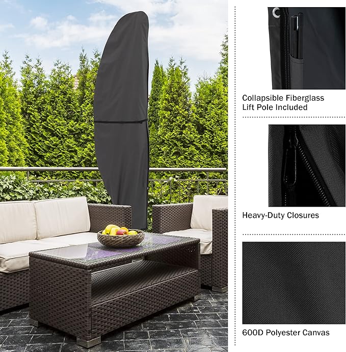 Offset Outdoor Umbrella Cover - Heavy-Duty Waterproof Protection for Banana Frame Umbrellas Up to 11.5 Ft Round or 7.5 Ft Square by Pure Garden (Gray)