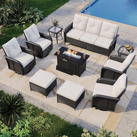 Aoxun 10-Piece Patio Furniture Set with 44” Fire Pit Table, Wicker Rattan Outdoor Sectional Sofa with High Back Swivel Rocker Chairs, Outdoor Patio Furniture Set with Thick Cushions & Ottoman, Beige