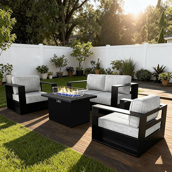 4 Pieces Patio Furniture Set with Fire Pit Table, Metal Modern Conversation Set with Deep Seating and Widened Aluminum Frame for Deck, Porch, Garden