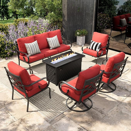 Sophia & William Patio Conversation Set for 7, 3-Seater Sofa, 2 Fixed Chairs, 2 Swivel Chairs and a 45" Fire Pit Table, Metal Outdoor Furniture with 5.75" Extra Thick Cushions, Red