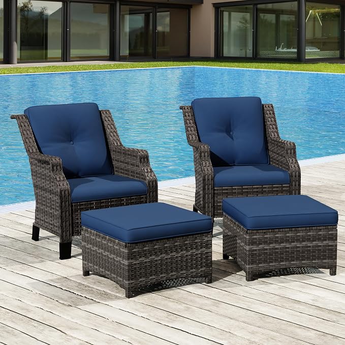 Wicker Patio Furniture Set - 4 Piece Rattan Outdoor Conversation Sets with 2 Wicker Patio Chairs,2 Ottomans for Garden, Backyard, Balcony and Deck