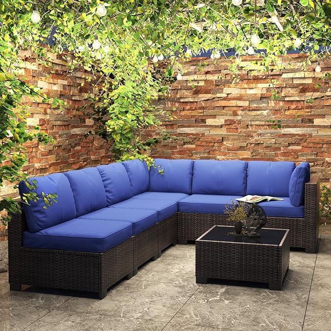 7 Piece Outdoor Patio Furniture Set, PE Rattan Conversation Sofa Set, Wicker Patio Set w/Thick Cushions & Glass Top Coffee Table, All-Weather Outside Furniture for Garden, Balcony, Porch(Brown+Blue)