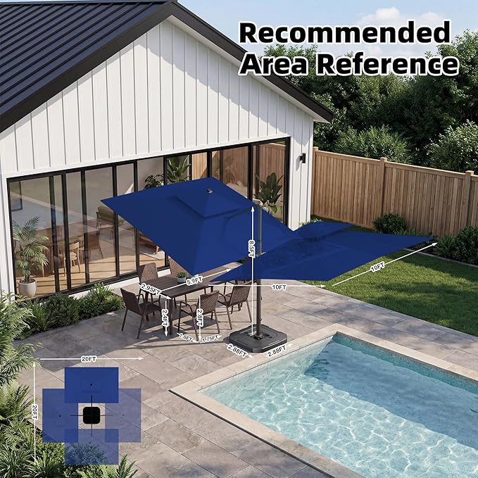 10x10 FT Cantilever Patio Umbrella with Led Lights Double Top Outdoor Square Large Heavy Duty Aluminum Offset Umbrellas with 7 Level Tilt 360-degree Rotation for Pool Garden Deck, Navy