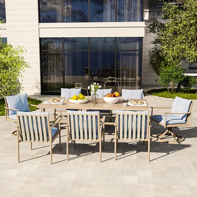 HAPPATIO Patio Table for 8, Large Modern Rectangle Outdoor Dining Table with Umbrella Hole and Adjustable Feet, All Weather Aluminum Patio Table for Garden, Backyard and Poolside, Brown