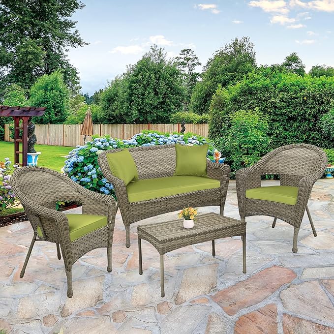 Jeco W00402G-G-FS029 Set of 4 Resin Wicker Clark Conversation Set, Grey, Sage Green Cushion