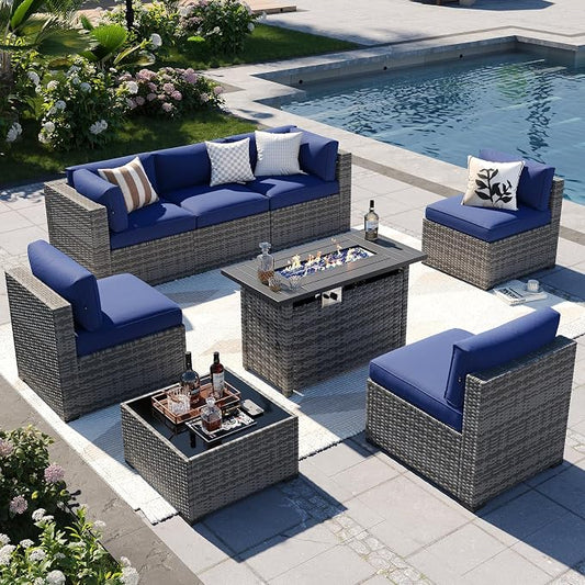 Aoxun Patio Furniture Sets, 8-Piece Outdoor Patio Furniture with 44'' Propane Gas Firepit Table, Wicker Outdoor Conversation Set Sectional Sofa for Backyard, Poolside, Garden
