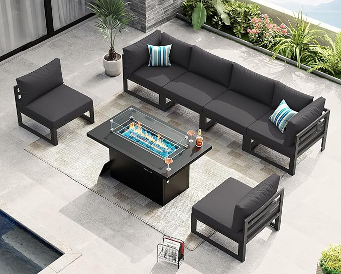NICESOUL 7 Piece Modern Aluminum Outdoor Furniture Set with Fire Pit Propane/Gas, 29 inch Deep Wide Seat, All Weather Patio Conversation Set, L Shaped Modular Sectional Sofa for Backyard, Dark Gray