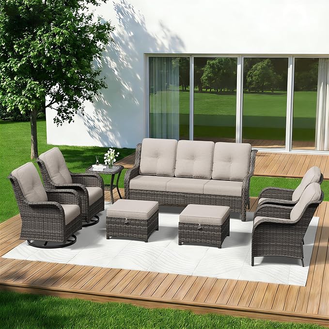 8 Piece Outdoor Wicker Patio Furniture Set, Patio Chairs Set with Thickened Olefin Cushions, High Back and Deep Seating, Hand-Woven PE Rattan, Ottoman for Porch, Deck