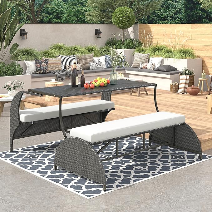 Merax Outdoor Rattan Loveseat, Patio Conversation Sets, Convertible to Four Seats with Table Sofa for Backyard, Garden and Lawn, Beige