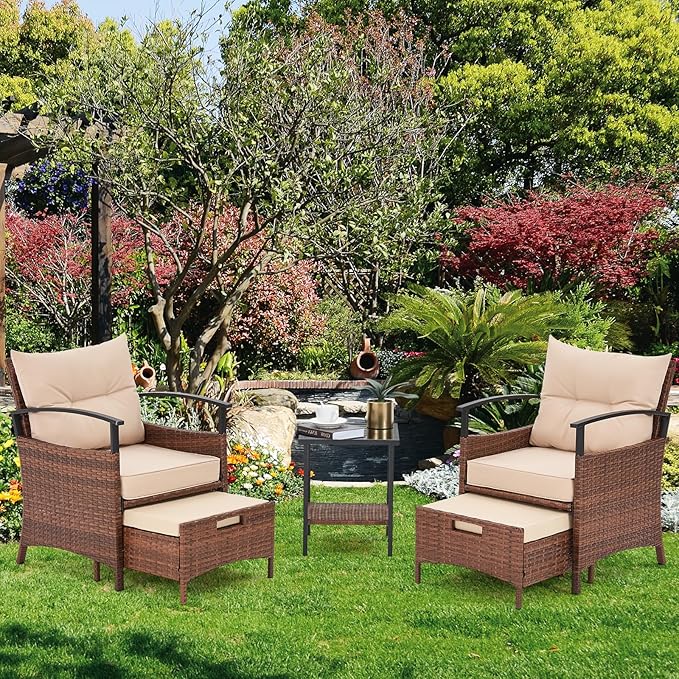 AVAWING 5 Pieces Patio Furniture Set, Outdoor Rattan Chairs with Metal Coffee Table, Ottomans & Soft Cushions, Wicker Conversation Bistro Set for Garden, Deck, Balcony, Poolside(Beige)