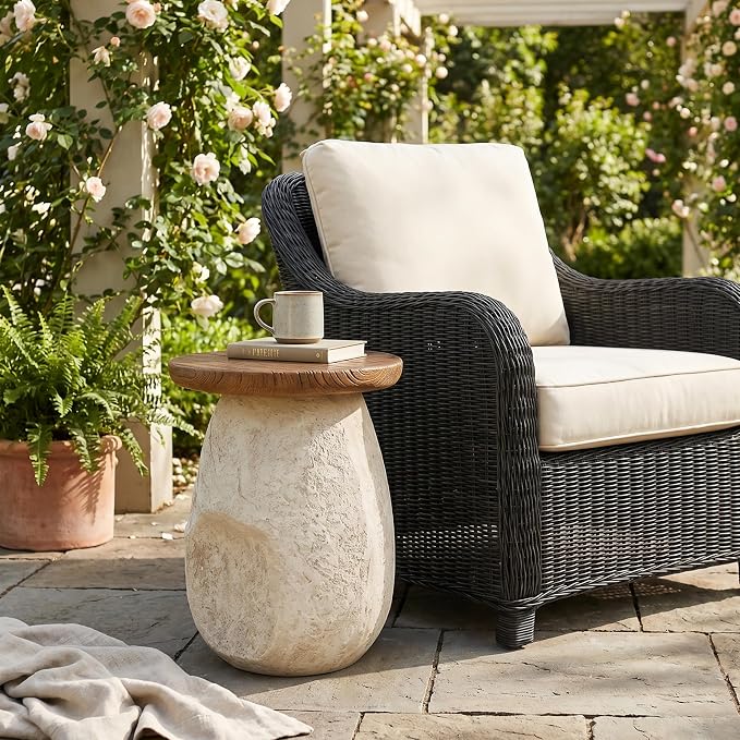 Outdoor Side Table, Modern Organic MGO Accent End Table for Patio, Living Room, Beige Tone Organic Pear-Shaped Base with Faux Wood Grain Top