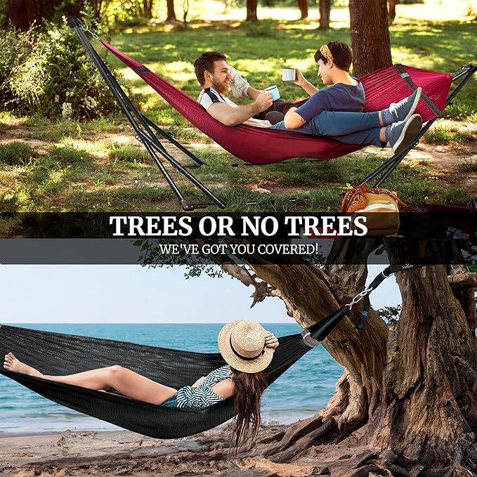 Tranquillo Combo x2 Hammocks with Stand for Outside & Tree Straps, Heavy Duty Hammock with Stand 600lbs for Indoor Outdoor Patio Backyard, x2 Hammocks for 2 Person (Combo - Red, Medium)