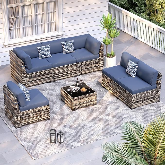 Patio Furniture Sets, 7-Piece Outdoor Patio Furniture with Thick Cushions,Coffee Table Outdoor All-Weather Conversation Set Sectional Sofa for Backyard, Poolside, Garden(Navy Blue)