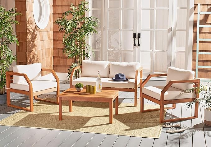 SAFAVIEH Outdoor DREN Natural Brown 4-Piece Set - Beige Seat Cushions Included