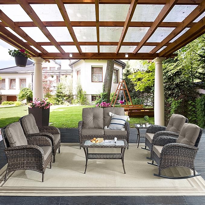 Belord 7 Piece Outdoor Patio Furniture Sets with Rocking Chairs, Wicker Loveseat Conversation Sets for Deck Patio Backyard Poolside, Grey Cushion