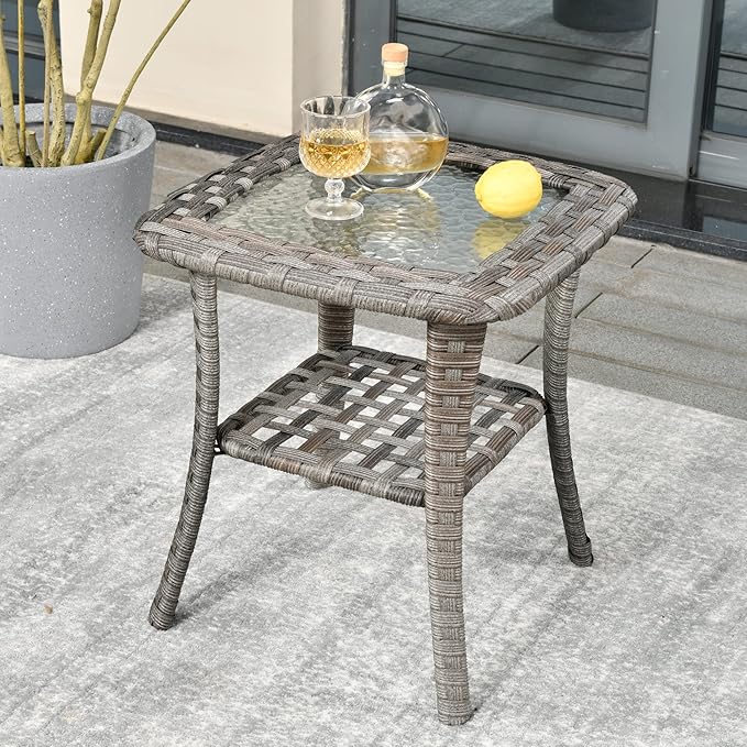 HOOOWOOO Outdoor Patio Side Table with 2 Layers,Wicker Coffee End Table Glass Top,Deck Table for Yard,Deck,Porch,Garden(Dark Brown)