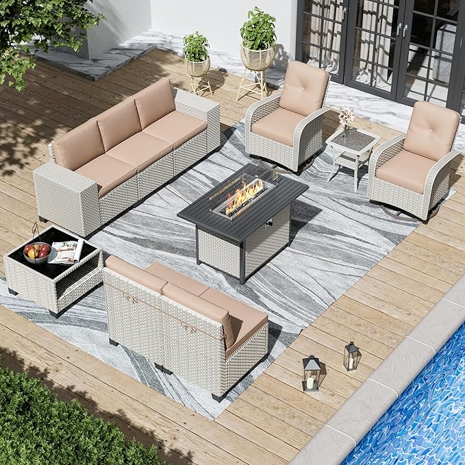 10-Piece Outdoor Patio Furniture Set, Modular Sectional Sofa Set with Swivel Rocker Chairs & Fire Pit, Wicker Outdoor Couch Conversation Sets w/Coffee Table and Cushions, Khaki