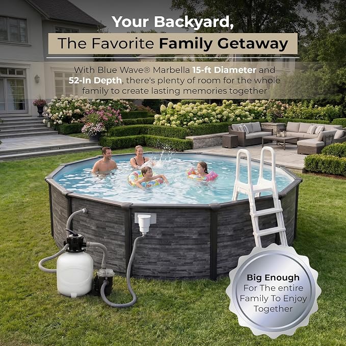 Blue Wave Marbella 15-ft Round 52-in Deep Hard Sided Steel Frame Above Ground Pool with 6-in Steel Top Seats, 0.5 HP Sand Filter System, Ladder, Skimmer & Liner – 5,130-Gallon Capacity for Family Use