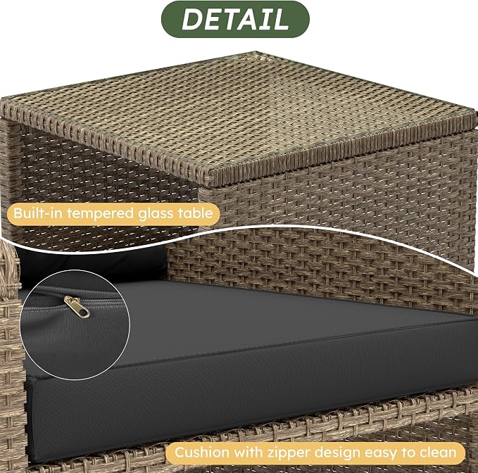 LHBcraft 5 Piece Outdoor Furniture Set, PE Rattan Balcony Furniture with Soft Cushions, Patio Set 2 Ottoman & Table for Porch, Lawn, Garden, Black