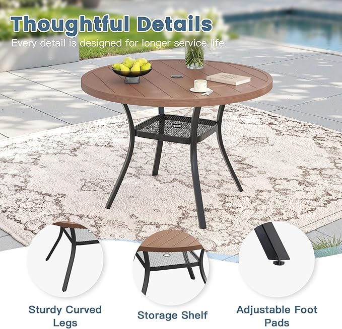 DIFY 5 Piece Outdoor Patio Dining Set for 4, 40.6" Walnut Round Metal Dining Table and Swivel Patio Chairs with Brown Padded Textilene, All-Weather Outdoor Furniture Set for Garden Backyard Porch