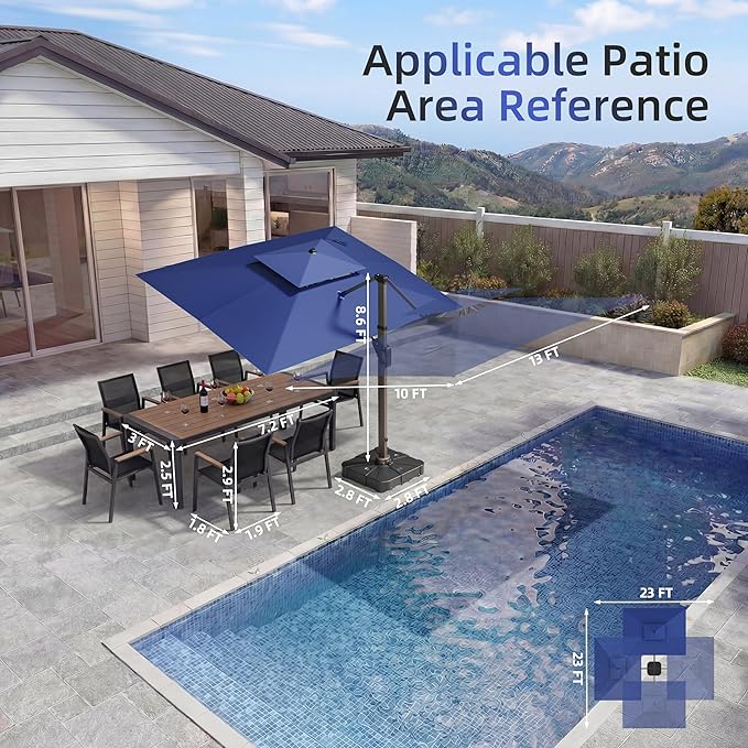 10 X 13 FT Cantilever Patio Umbrella with Led Lights Outdoor Rectangle Offset Large Double Top Heavy Duty Umbrellas with 360°Rotation for Pool Deck Backyard Garden, Navy