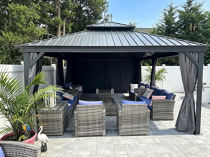 PURPLE LEAF 13' X 20' Hardtop Gazebo with Light Aluminum Gazebo with Galvanized Steel Double Roof for Patio Lawn and Garden Curtains and Netting Included Grey