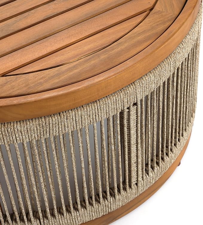 LuxenHome Outdoor Coffee Table, 31'' Acacia Wood Rope Drum Round Sides Patio Tables, Modern Farmhouse Garden Coffee Table, Outdoor Furniture for Porch, Balcony, Outside Furniture