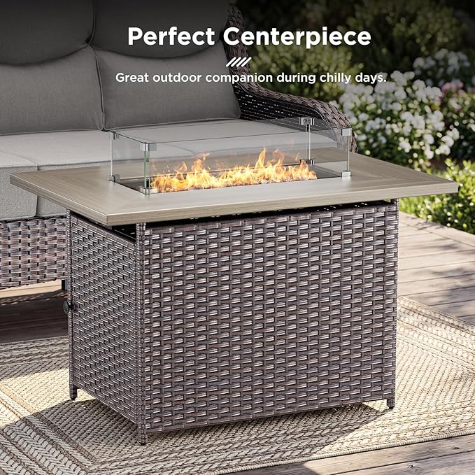 Luxury High Back Outdoor Furniture with 6-inch Extra Thick Cushions, Patio Furniture Set with Fire Pit Table & Swivel Chairs, 9 PCS Wicker Conversation Set for Yard, Deck, Poolside, Brown/Beige