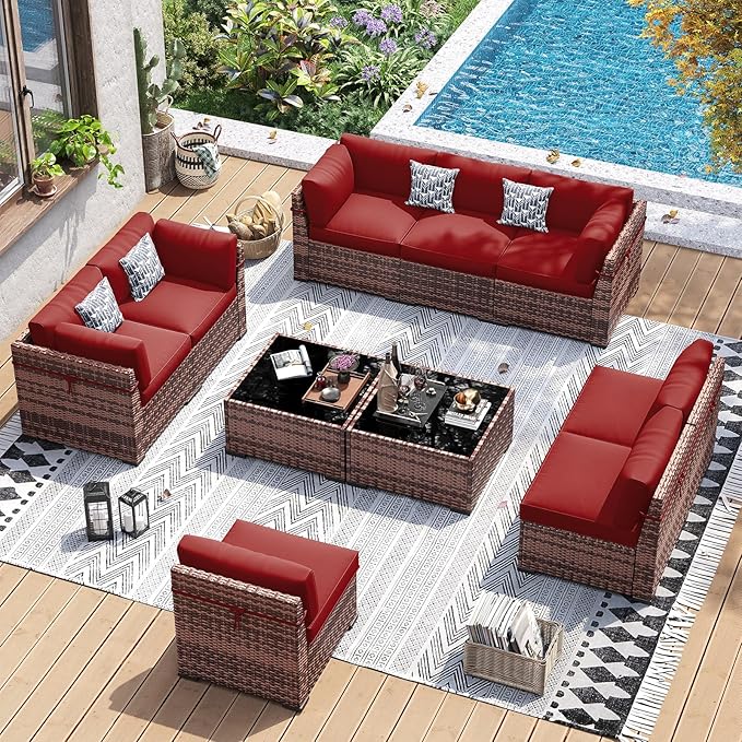 UDPATIO Patio Furniture Set, Modular Outdoor Sectional with 105°Slanted Back, 10 Pieces Rattan Conversation Set for Poolside, Backyard, Deck, with Coffee Table, Waterproof Cover,Red