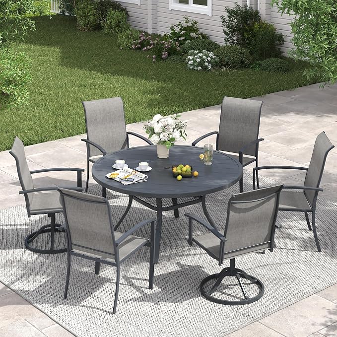 VICLLAX 7 Pieces Patio Dining Set for 6, 47.2" Round Outdoor Table and Chairs (4 Patio Fixed Chairs and 2 Swivel Chairs) for Deck Garden, Dark Grey