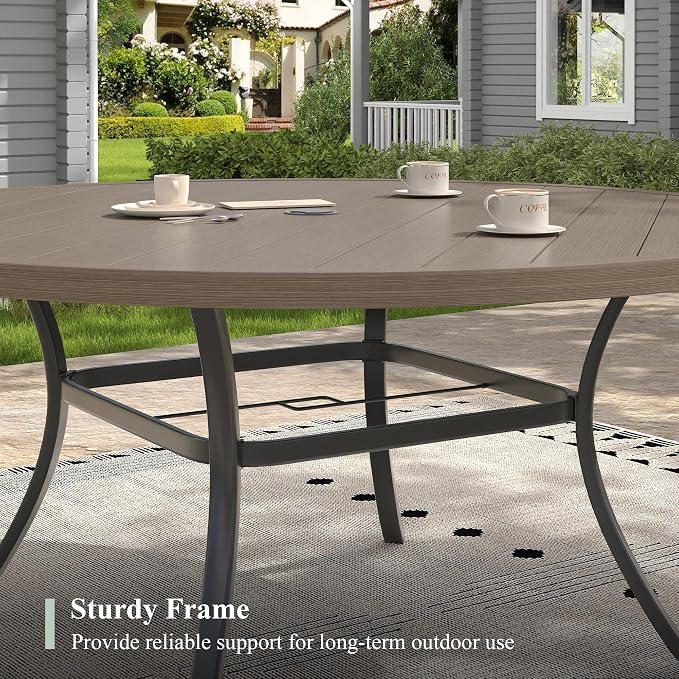 Outdoor Dining Table for 8, 63" Round Outdoor Table with Adjustable Umbrella Hole, All-Weather Metal Patio Dining Table for Lawn Garden Backyard Deck, Grey