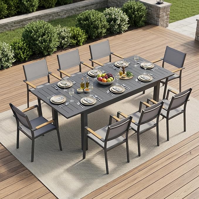 FansaFurn Patio Furniture Set with 121" Extendable Dining Table, Patio Table Set for 4–8 People, All-Weather Aluminum Outdoor Furniture, Outdoor Dining Set for Backyard, Porch, and Garde, Grey